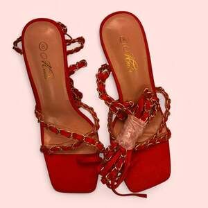 Abaira Red Chain Wrap-Around Heeled Sandals, Gold Hardware, Women's 8